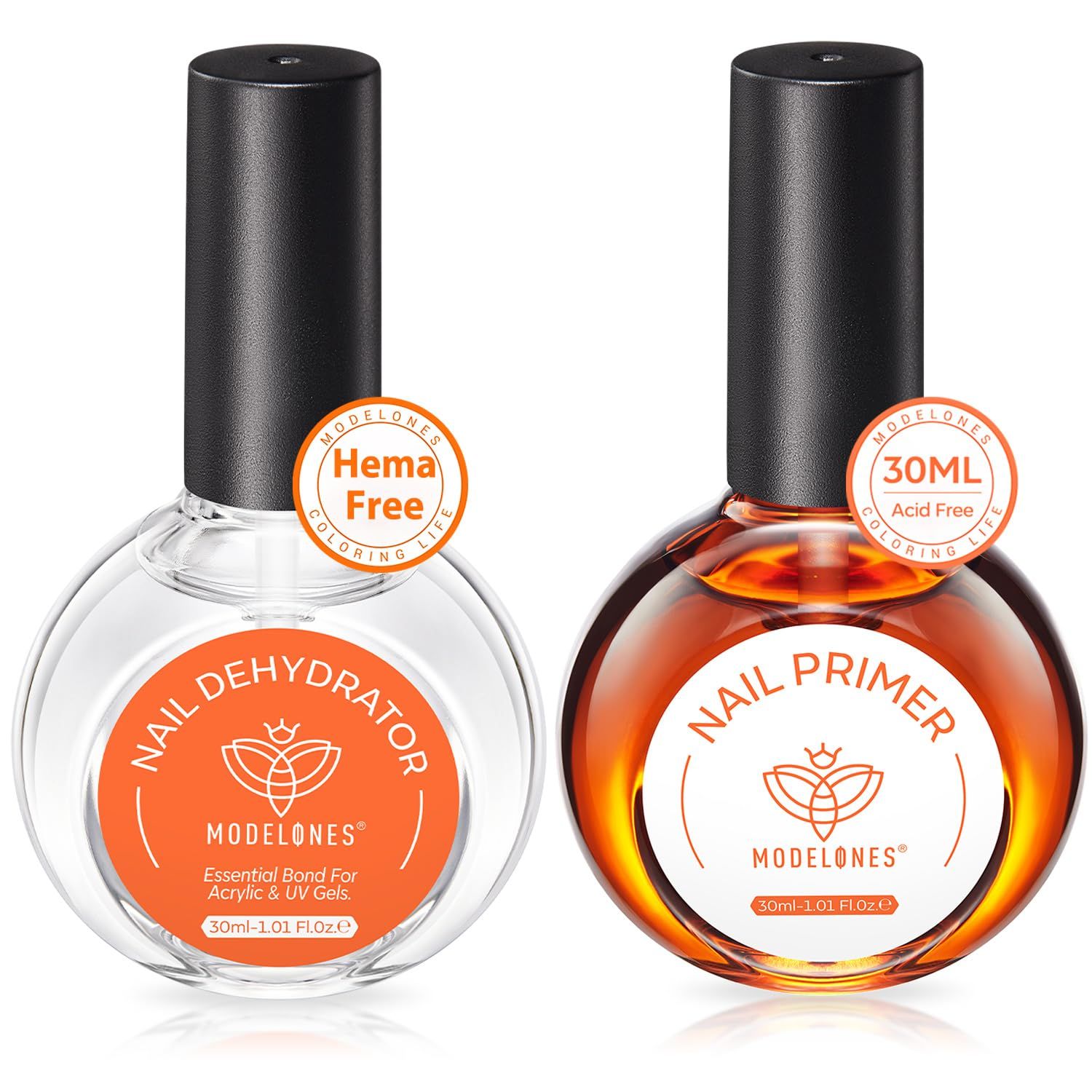 modelones 30 ml Nail Dehydrator and Primer, Acid Free Natural Nail Prep Dehydrate &amp; Bond Primer Kit, Hema-Free Acrylic Nail Supplies Primer Top Coat