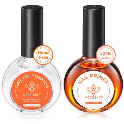 modelones 30 ml Nail Dehydrator and Primer, Acid Free Natural Nail Prep Dehydrate &amp; Bond Primer Kit, Hema-Free Acrylic Nail Supplies Primer Top Coat