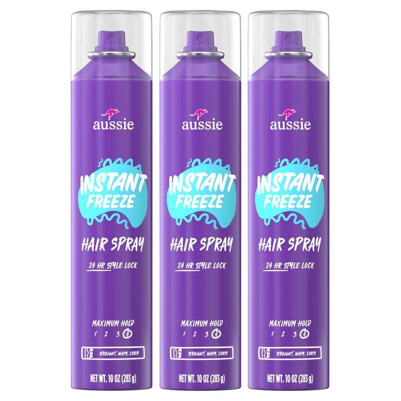 Aussie Instant Freeze Hair Spray for Extreme Hold, Infused with Jojoba Oil &amp; Sea Kelp, Long-Lasting All-Day Hold, Fresh Citrus Scent, Safe for All Hair Types, 10 Fl Oz, 3 Pack
