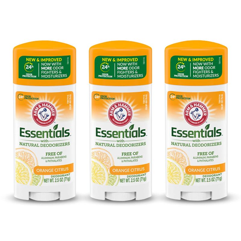 ARM &amp; HAMMER Essentials Deodorant- Orange Citrus- Solid Oval - Made with Natural Deodorizers- Free From Aluminum, Parabens &amp; Phthalates, 2.5 oz (Pack of 3)