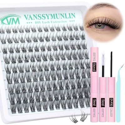 Wispy Lash Clusters Kit Natural Lash Extension Kit 8-16mm Cluster Eyelash Extensions Kit Individual Lashes C Curl Eyelash Clusters Lashes Kit with Lash Bond and Seal, Lash Tweezers for Self Use