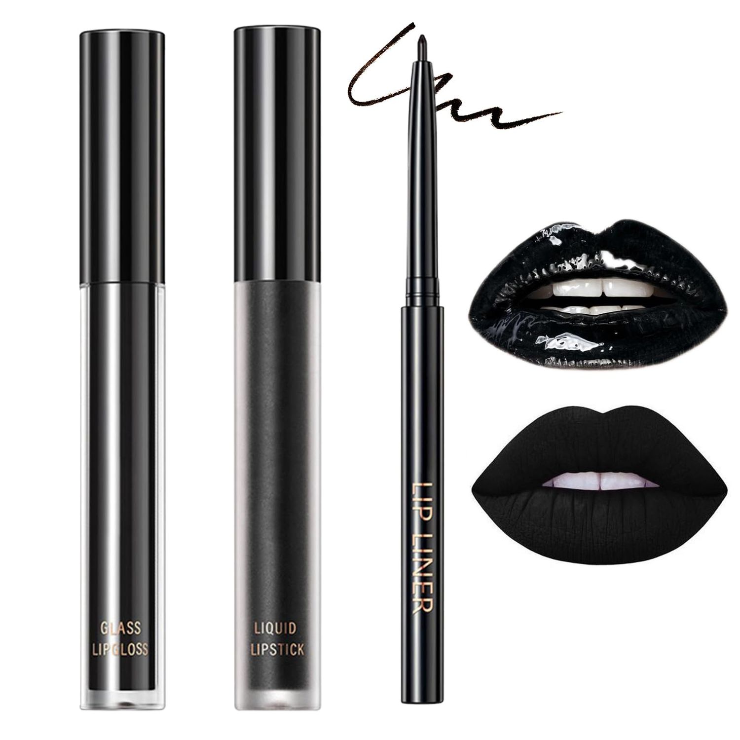 3Pcs Black Lipstick Kit, Matte LipstickGlossy Lip GlossLip Liner Pencil, Long Wear Velvet Black Liquid Lipstick Make up Gift Set
