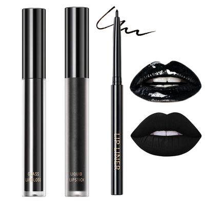 3Pcs Black Lipstick Kit, Matte LipstickGlossy Lip GlossLip Liner Pencil, Long Wear Velvet Black Liquid Lipstick Make up Gift Set