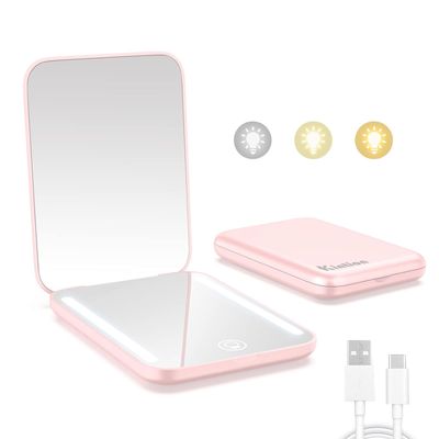 Kintion Rechargeable Pocket Mirror, Double Sided 1X3X Magnification Compact Vanity Mirror, 3 Color Lights, Dimmable, Small Portable Wallet Mirror, Lighted Travel Mirror for Women Gifts, Pink