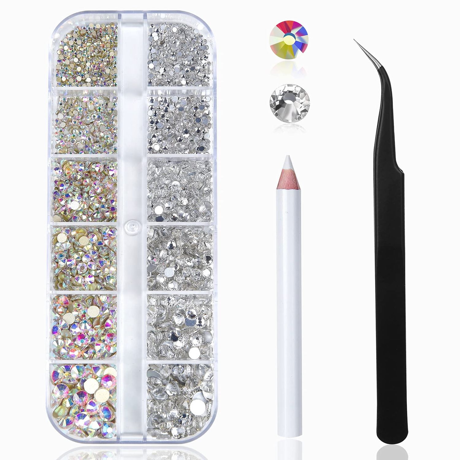 Nail Art Rhinestones Kit HUETFAT 2400pcs Nail Gems Ab Flatback Rhinestones Gems Stones, with Storage Organizer BoxWax PencilTweezers 6 Sizes (1.5-4.5 mm) for Nail Art Craft (2400pcs)