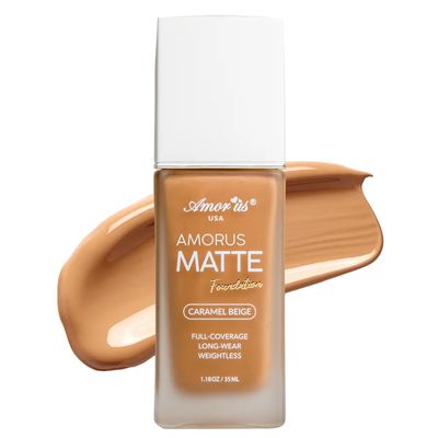 Glam Lux Beauty Amorus Matte Foundation, Full Coverage, Creamy Smooth Made in Korea, K-Beauty, Even Buildable Texture, Patch Free, Easy to Blend, Long Lasting, All Skin Types (Caramel Beige, 1.18 oz)