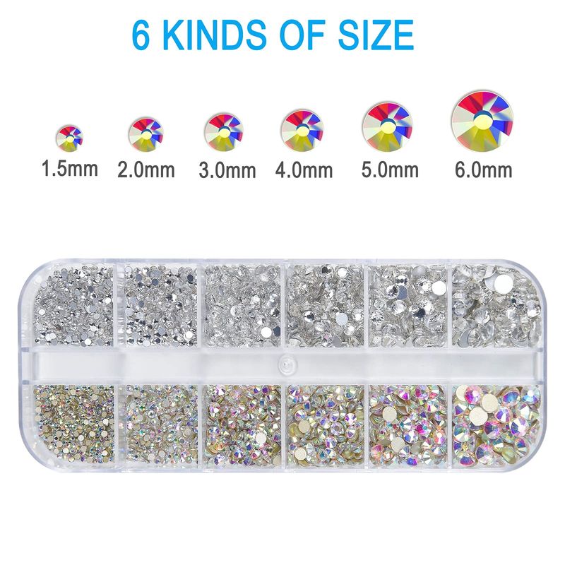 Nail Art Rhinestones Kit HUETFAT 2400pcs Nail Gems Ab Flatback Rhinestones Gems Stones, with Storage Organizer BoxWax PencilTweezers 6 Sizes (1.5-4.5 mm) for Nail Art Craft (2400pcs)