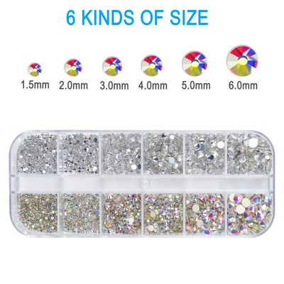 Nail Art Rhinestones Kit HUETFAT 2400pcs Nail Gems Ab Flatback Rhinestones Gems Stones, with Storage Organizer BoxWax PencilTweezers 6 Sizes (1.5-4.5 mm) for Nail Art Craft (2400pcs)