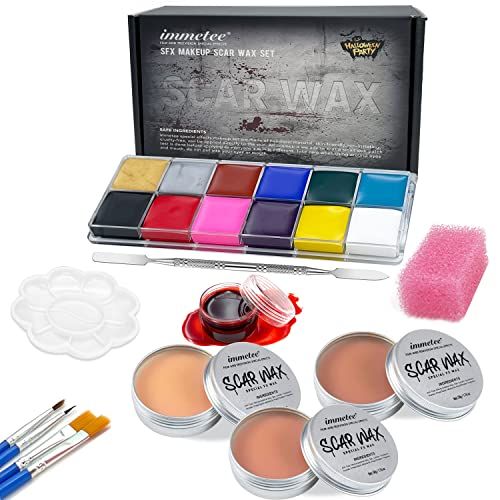 immetee Scar Wax SFX Makeup Kit, Face &amp; Body Paint, Christmas Halloween Makeup Kit, Fake Blood, Painting Brushes, Spatula, Stipple Sponge, Stage Theatrical Party Cosplay, Carnival