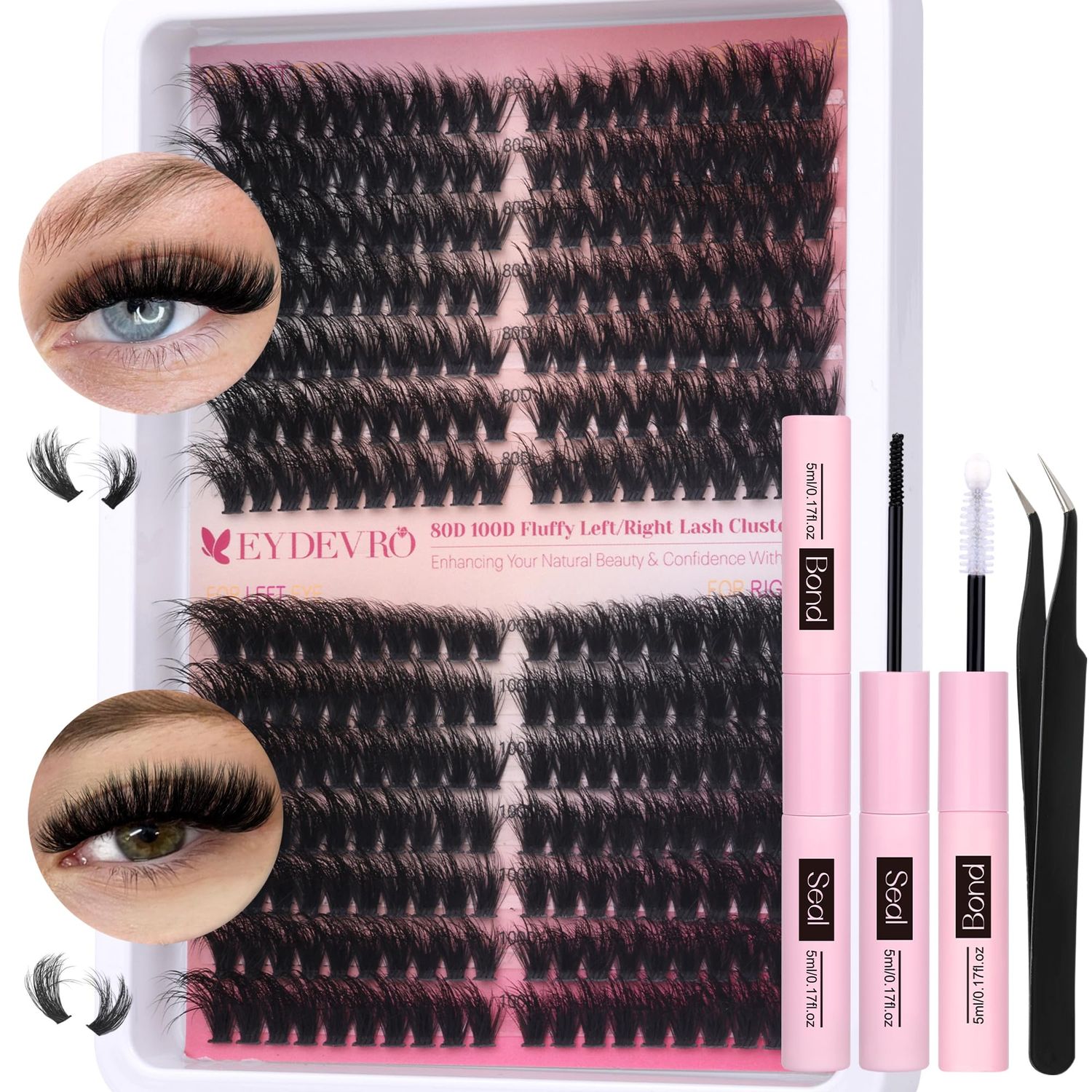 EYDEVRO Fluffy Lash Clusters Kit 80D100D Volume Lash Extension Kit 280 Pcs LeftRight Cluster Eyelash Extension Kit D Curl Thick Mega Lash Clusters with Waterproof Lash Bond and Seal and Lash Tweezers