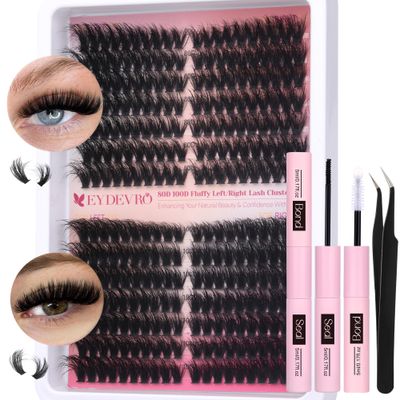 EYDEVRO Fluffy Lash Clusters Kit 80D100D Volume Lash Extension Kit 280 Pcs LeftRight Cluster Eyelash Extension Kit D Curl Thick Mega Lash Clusters with Waterproof Lash Bond and Seal and Lash Tweezers