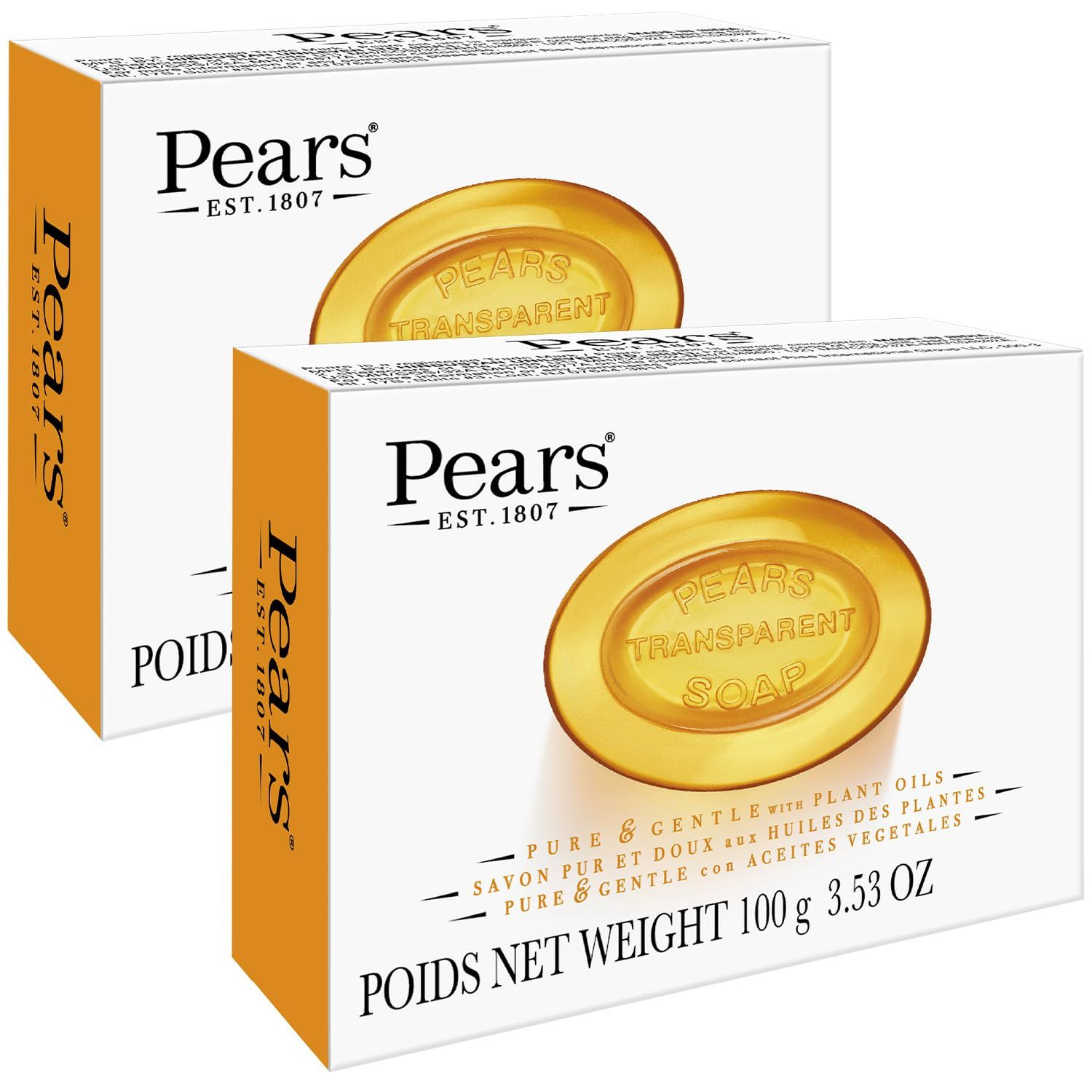 PEARS Soap, Face &amp; Body Soap, Amber - Pure &amp; Gentle Transparent Bar Soap, Moisturizing Glycerin Soap with Natural Oils for Pampered, Glowing Skin, 3.53 Oz (Pack of 2)