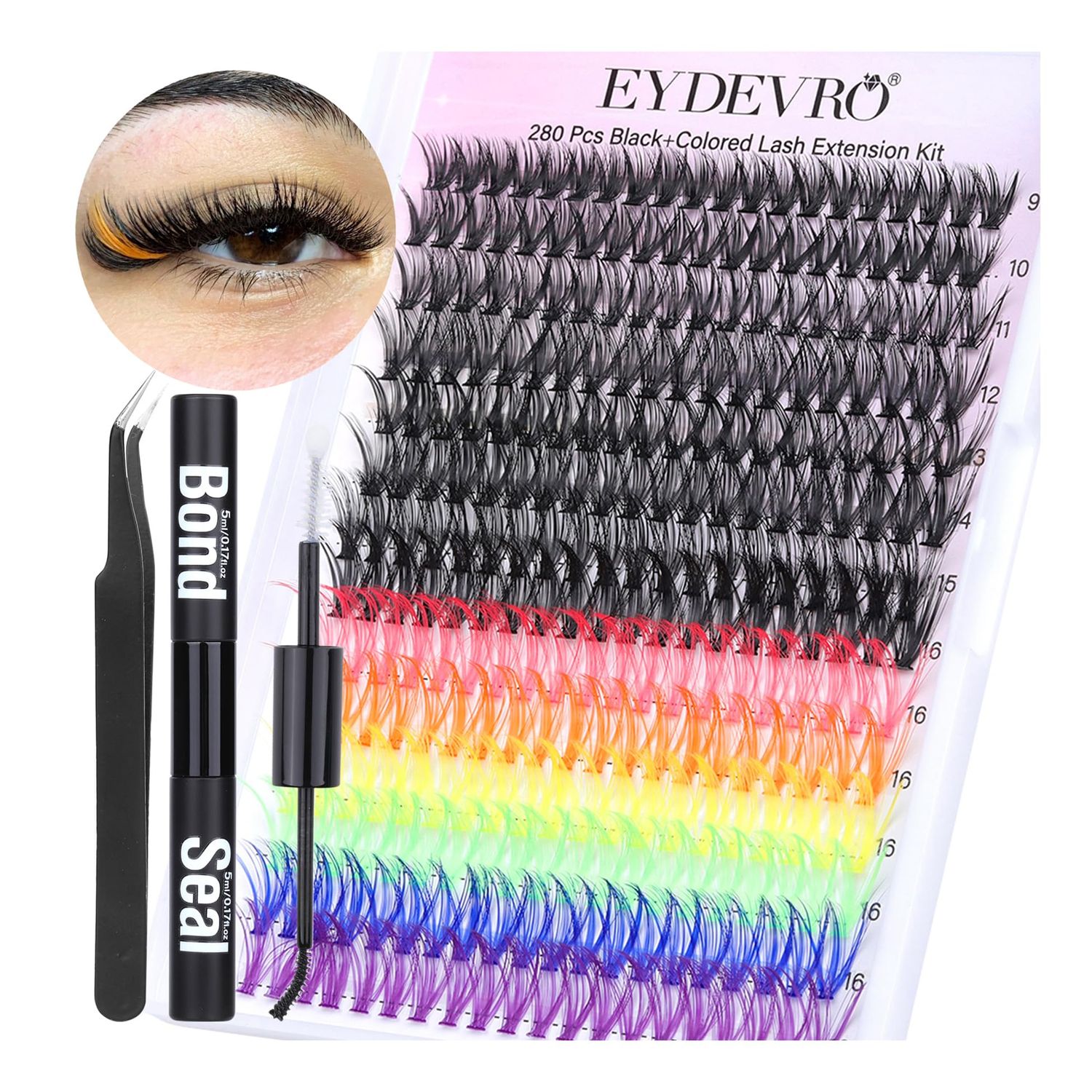 Lash Extension Kit Colored Lash Clusters DIY Eyelash Extension Kit 6 Colors Individual Lashes with Bond and Seal and Lash Tweezers Colorful Lash Extensions 8-16mm D Curl Cluster Lashes by EYDEVRO