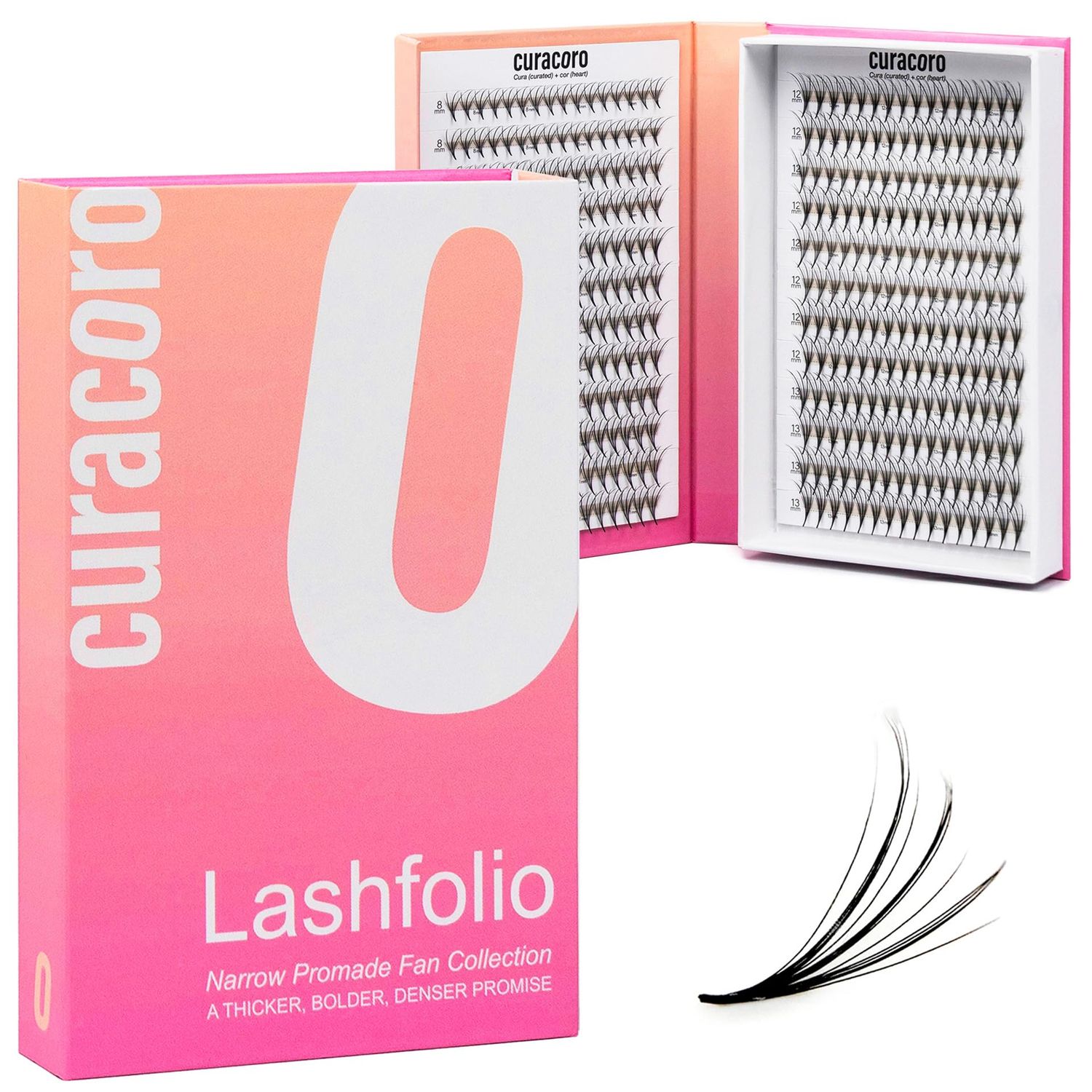 Curacoro LashFolio Wet Promade Fans, Handmade Volume Eyelashes, 5D To 10D, C CC D Curl, 0.030.07 mm, 8-13mm Mix Length, Professional Long-Lasting Promade Lash Fans (7D-0.03 D 8-13mm)