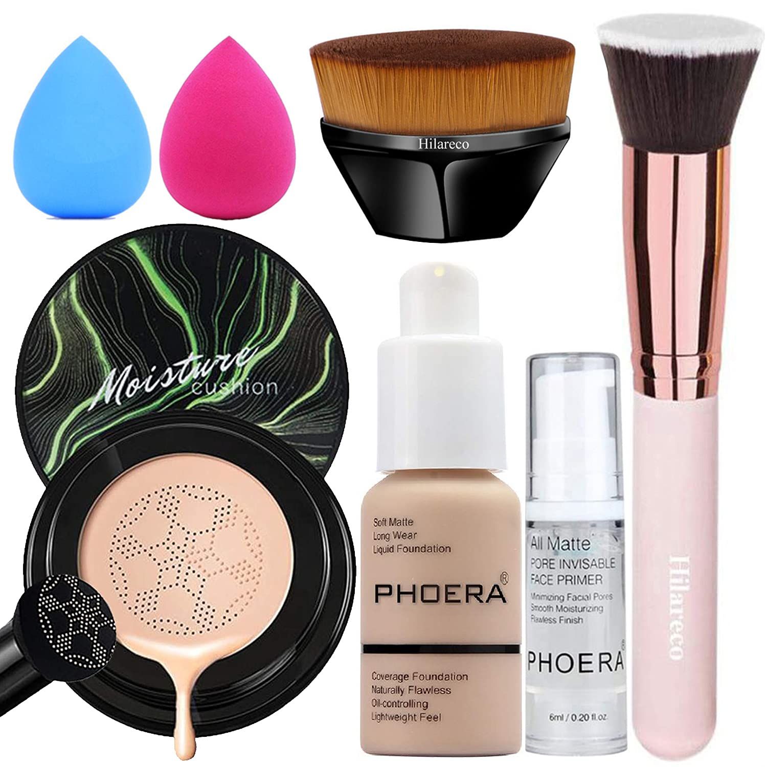 PHOERA Foundation,Mushroom Head Air Cushion CC Cream Natural Foundation,PHOERA Makeup Foundation Full Coverage,Phoera Face Primer, Foundation Brush (102Nude  02Natural CC)