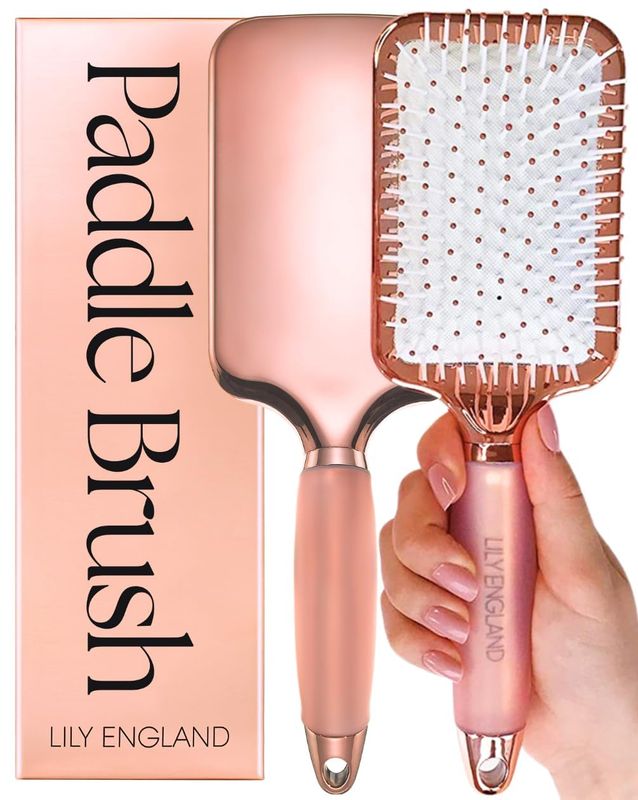 Lily England Hair Brush for Women For All Hair Types - Professional Paddle Brush for Blow Drying, Hair Detangling, &amp; Straightening - Flat Hairbrush With Gel Handle for Easy Grip, Rose Gold