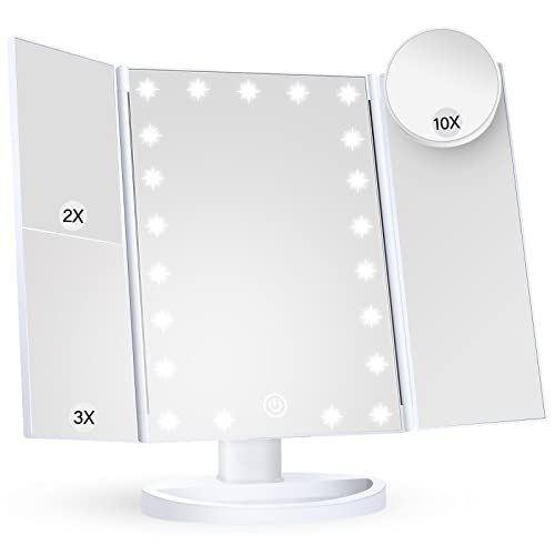HUONUL Makeup Vanity Mirror with Lights, 2X 3X 10X Magnification, Lighted , Touch Control, Trifold , Dual Power Supply, Portable LED Makeup Mirror, Women Gift (White)