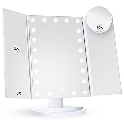 HUONUL Makeup Vanity Mirror with Lights, 2X 3X 10X Magnification, Lighted , Touch Control, Trifold , Dual Power Supply, Portable LED Makeup Mirror, Women Gift (White)