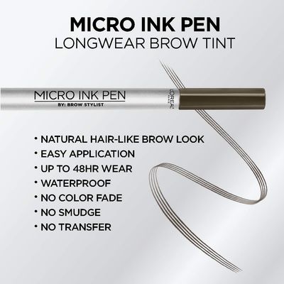 L'Oreal Paris Micro Ink Pen by Brow Stylist, Longwear Brow Tint, Hair-Like Effect, Up to 48HR Wear, Precision Comb Tip, Dark Brunette, 0.033 fl oz.