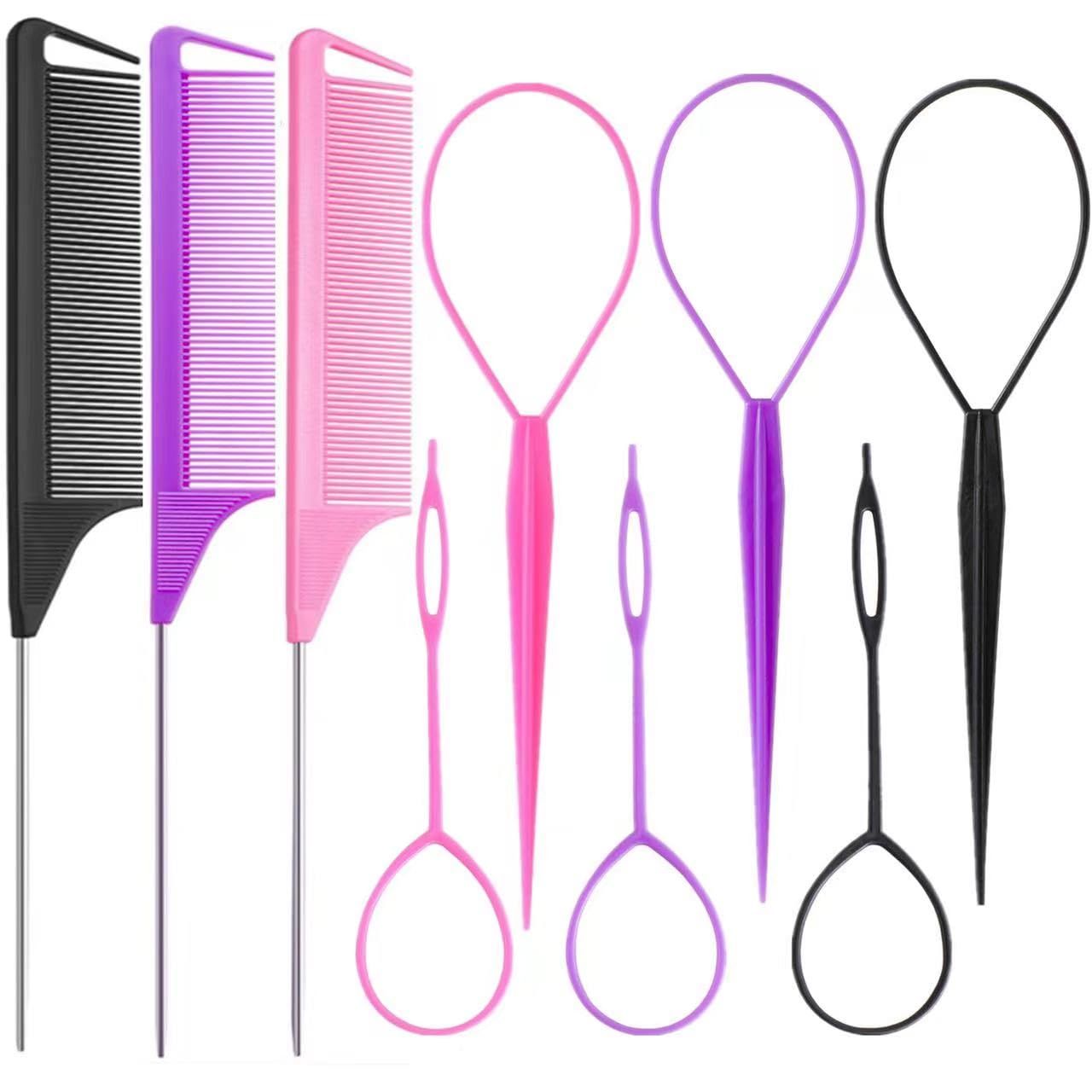 Luumxai 9pcs Topsy Hair Tail Tool and rat tail comb set,6pcs French Braiding Tool ring,3Pcs Metal Parting Combs,Woman Girl Hair Styling (Pink,Purple, Black)