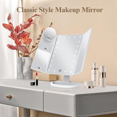 HUONUL Makeup Vanity Mirror with Lights, 2X 3X 10X Magnification, Lighted , Touch Control, Trifold , Dual Power Supply, Portable LED Makeup Mirror, Women Gift (White)