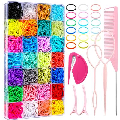 28 Colored Rubber Bands for Hair, 1500 Pcs Small Girls Hair Ties Elastic Hair Ties Hair Rubber Bands with 6 Hair Styling Tools Colorful Hair Accessories for Girls Baby Toddlers Kids