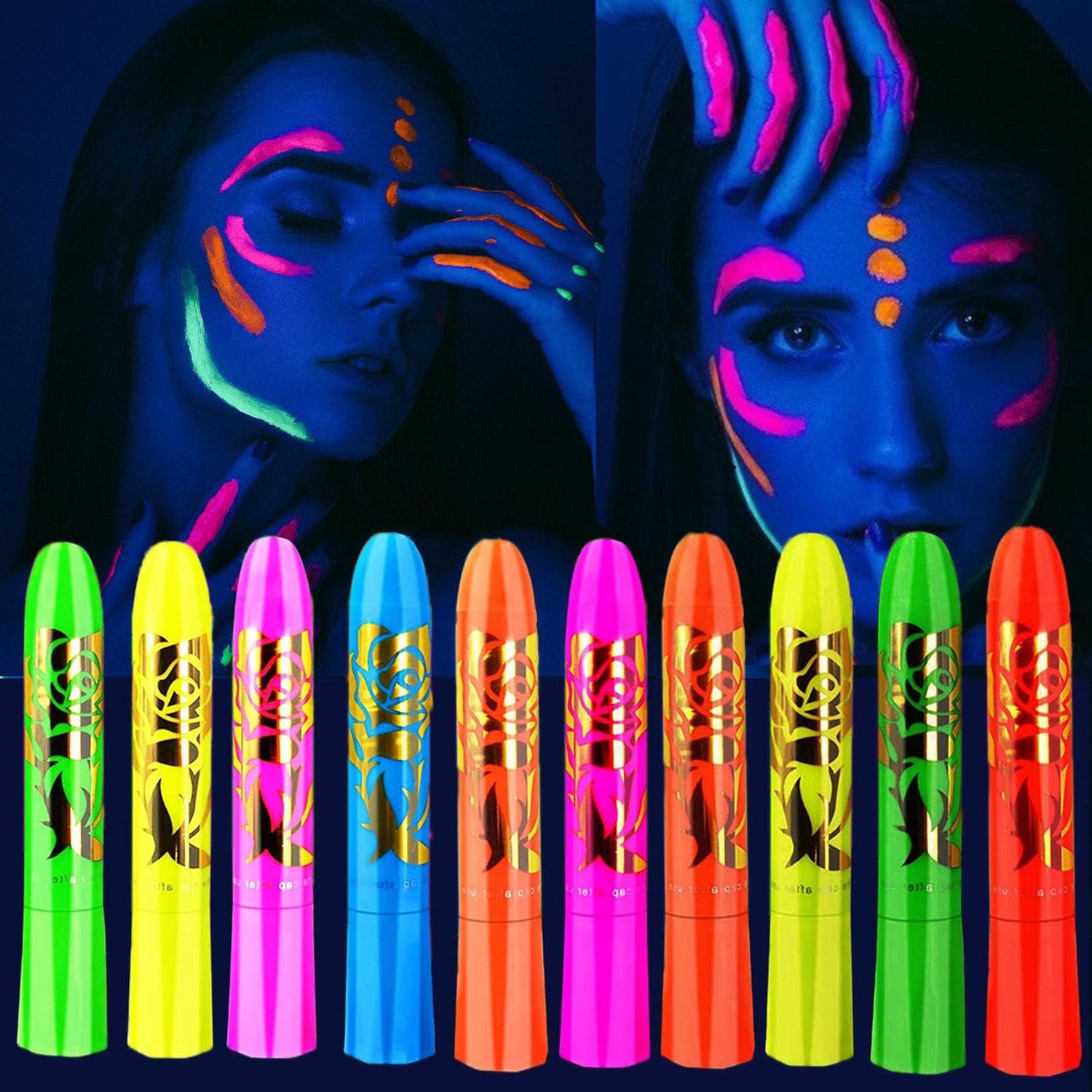 10 Color Glow in The UV Black Light Face Body Paint for Kids Adult, Blacklight Glow Sticks Makeup Neon Face Painting Kits for Halloween Glow Party Supplies