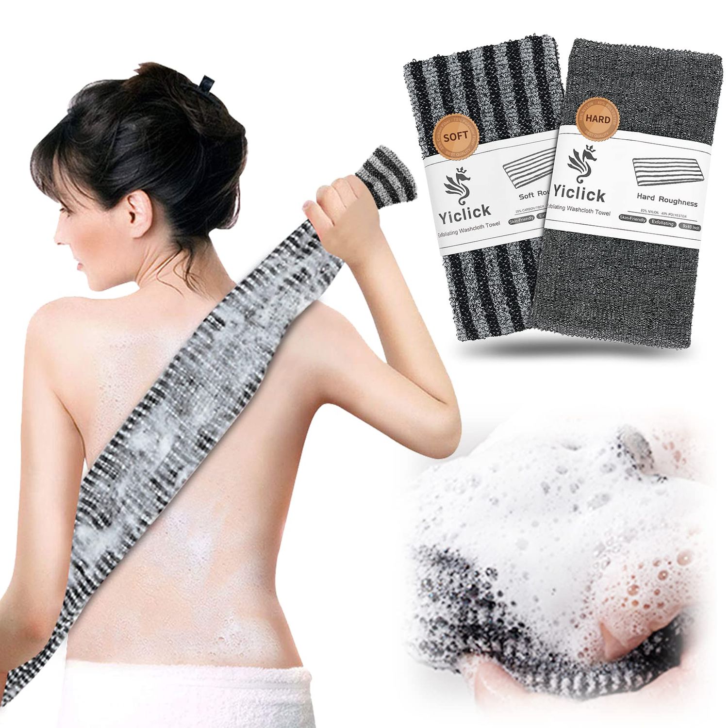 Yiclick 2 Pack Exfoliating Washcloth Towel - Body Scrubber Exfoliator, Loofah Sponge, Korean &amp; Japanse &amp; African Net Sponge Rag - Back Scrubber Washer for Use in Shower Bath
