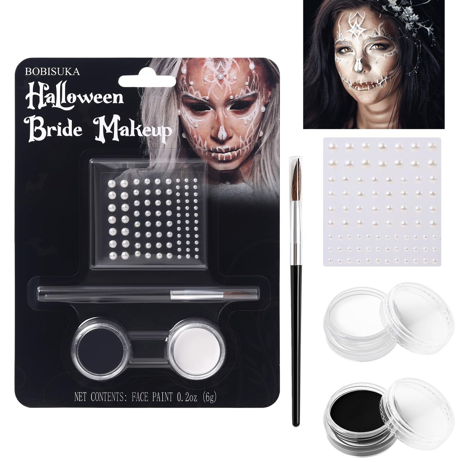 BOBISUKA Black White Face Paint Bride Makeup Kit, Halloween Makeup Kit Includes Black &amp; White Face Paint, Brush, Costume Accessories Crystal Sheet for Halloween Party Costume Skeleton SFX Makeup