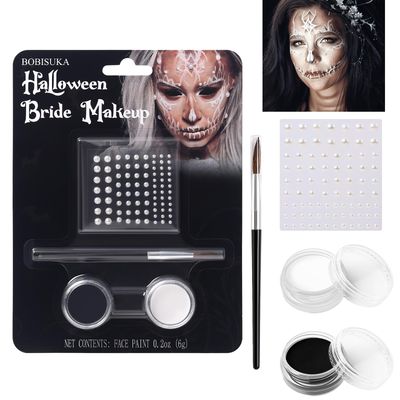BOBISUKA Black White Face Paint Bride Makeup Kit, Halloween Makeup Kit Includes Black &amp; White Face Paint, Brush, Costume Accessories Crystal Sheet for Halloween Party Costume Skeleton SFX Makeup