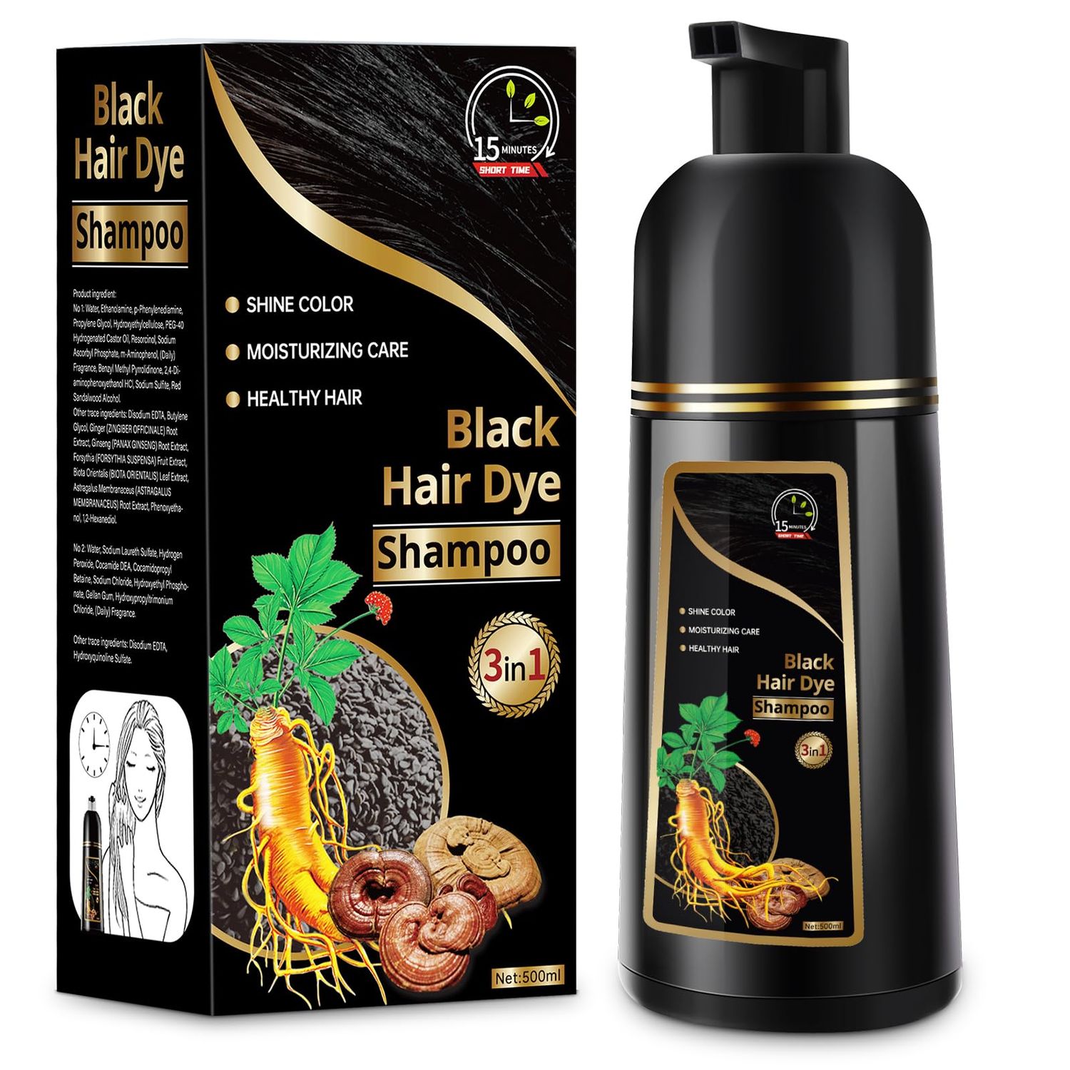 Temgofeau Hair Dye Shampoo for Gray Hair, 3 in 1 Herbal Shampoo Hair Dye for Women Men, Hair Color Shampoo 500ml (Black)
