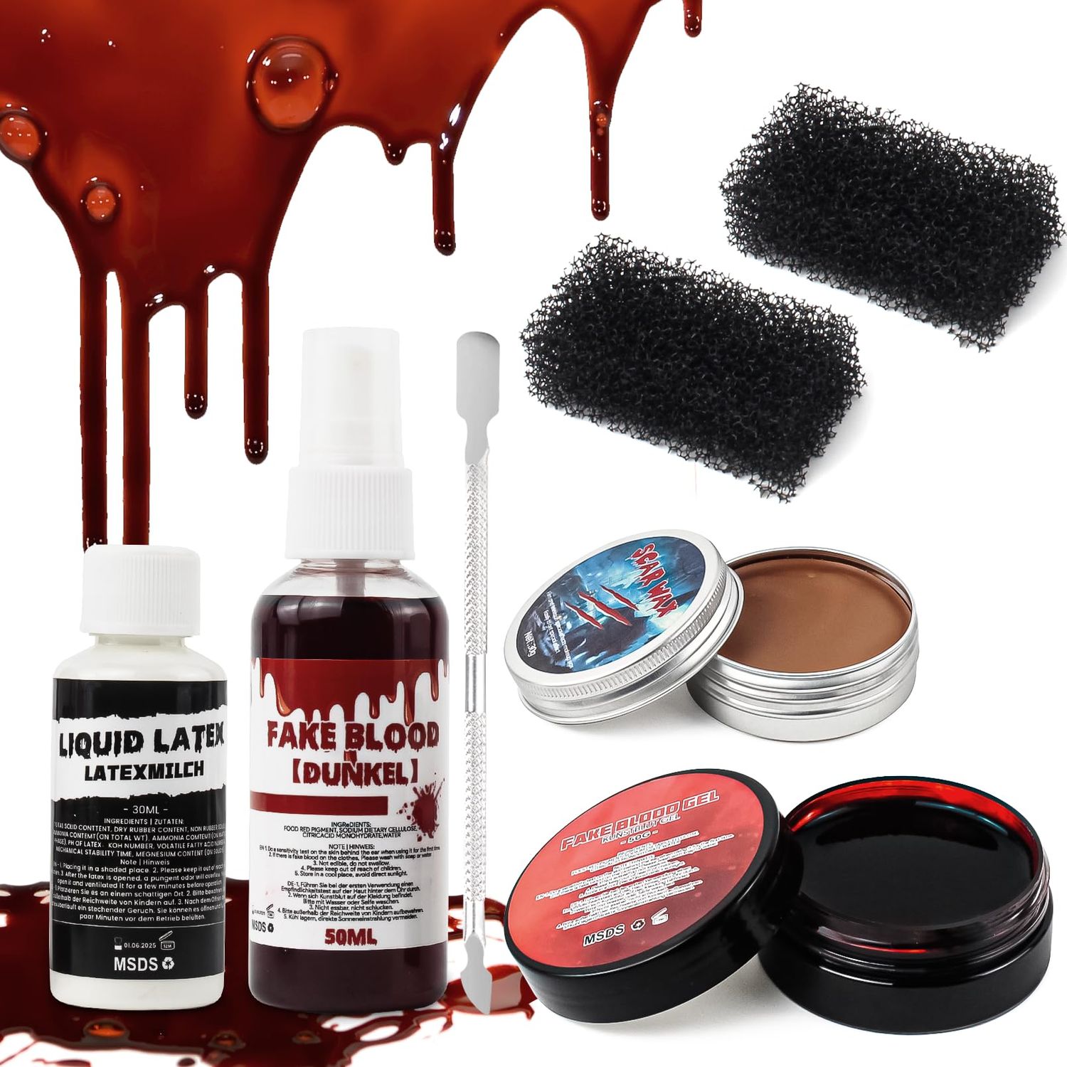 SOVONCARE Halloween Fake Blood SFX Makeup Kit Special Effects -Fake Blood Spray Scar WaxFake Blood Cream 2 Stipple Spong Spatula Tool, for Zombie vampire Blood Makeup