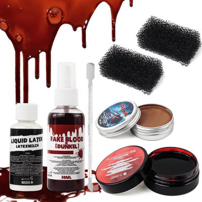 SOVONCARE Halloween Fake Blood SFX Makeup Kit Special Effects -Fake Blood Spray Scar WaxFake Blood Cream 2 Stipple Spong Spatula Tool, for Zombie vampire Blood Makeup