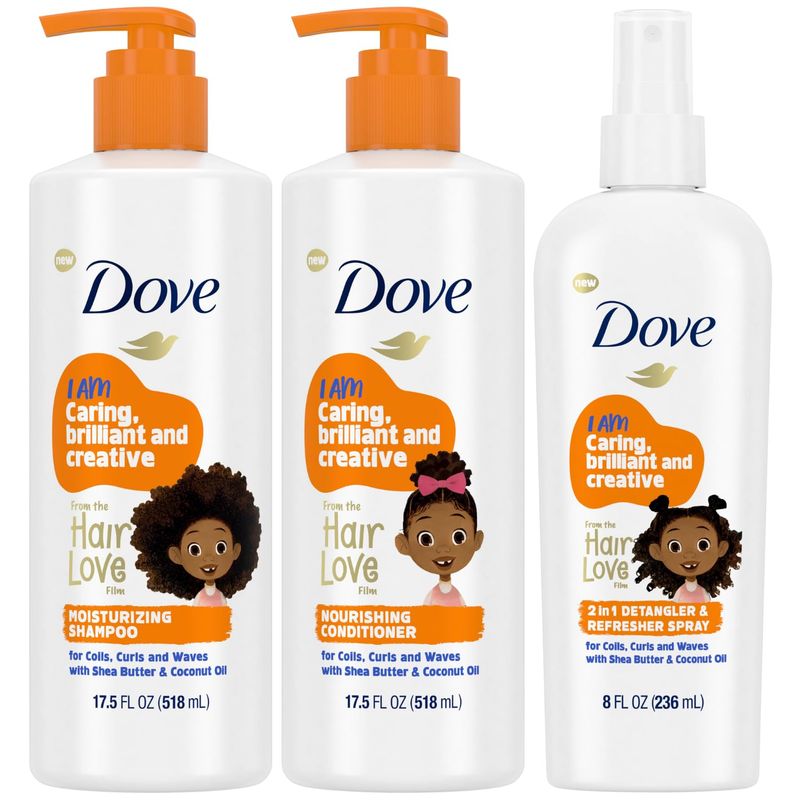 Dove Shampoo and Conditioner Set  Detangler Spray for Kids - Kids Hair Love Collection, Shampoo and Conditioner, Curly and Wavy Hair Products (3 Piece Set)
