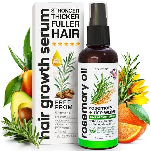 Rosemary Oil and Rice Water Hair Growth Spray - Serum with Biotin, Keratin, Caffeine, Vitamins C &amp; B5 for Hair Mask, Hair Care, Scalp Treatment, Thickening Dry Damaged Hair for Women &amp; Men