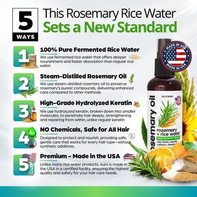 Rosemary Oil and Rice Water Hair Growth Spray - Serum with Biotin, Keratin, Caffeine, Vitamins C &amp; B5 for Hair Mask, Hair Care, Scalp Treatment, Thickening Dry Damaged Hair for Women &amp; Men