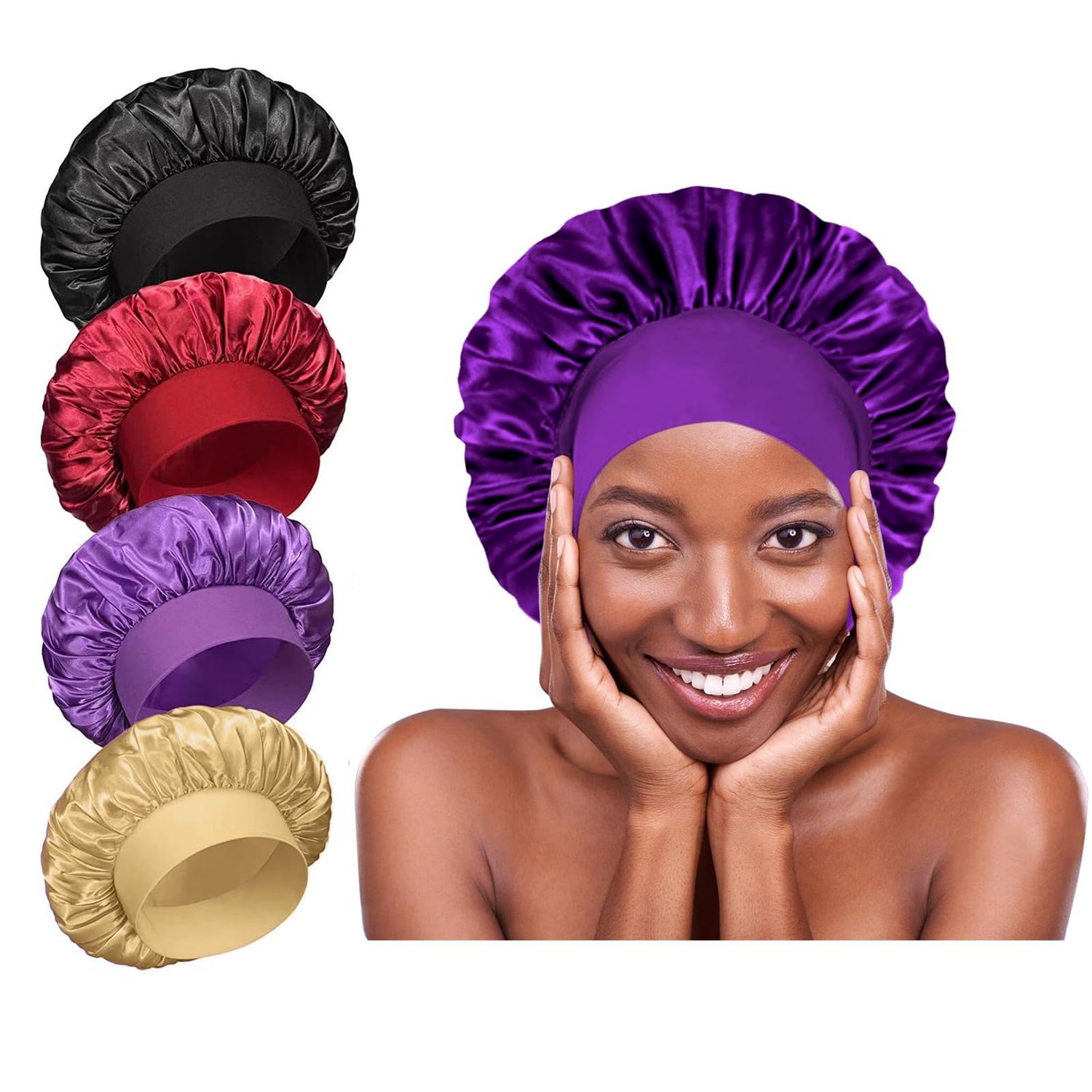 4Pcs Silk Satin Bonnets for Sleeping - Elastic Wide Band Silk Hair wrap Bonnets for Sleeping Black Women Men,Silk Bonnets for Curly Hair,Large Hair Cap for Sleeping (BlackWine RedPurpleBrown)