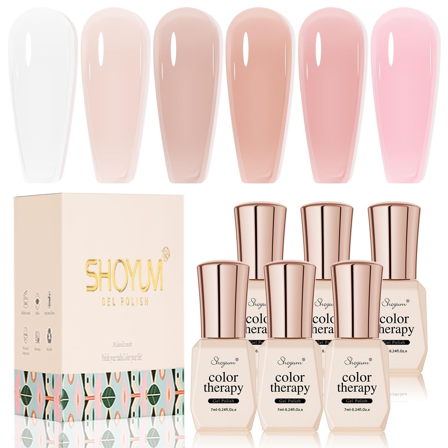 SHOYUM Nude Pink Gel Nail Polish Set- 6 Colors Sheer Milky White Jelly Gel Polish All Seasons Skin Tones Neutral Gel Polish Kit, Soak Off LED Gel Nail Kit Manicure DIY Home