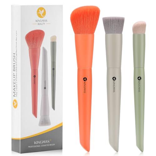 KINGMAS 3Pcs Foundation Brush Contour Concealer Brush Set, Under Eye &amp; Blusher Brush Kabuki Makeup Brushes for Face Blush Bronzer Travel Buffing Stippling Contour Powder Liquid Blending Makeup Brush
