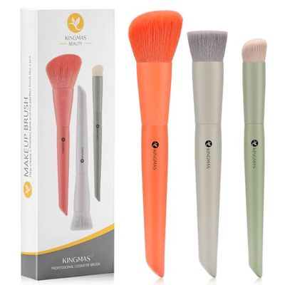 KINGMAS 3Pcs Foundation Brush Contour Concealer Brush Set, Under Eye &amp; Blusher Brush Kabuki Makeup Brushes for Face Blush Bronzer Travel Buffing Stippling Contour Powder Liquid Blending Makeup Brush