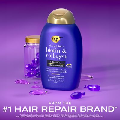 OGX Thick &amp; Full  Biotin &amp; Collagen Volumizing Shampoo, Nutrient-Infused Hair Shampoo with Vitamin B7 Biotin Gives Hair Volume &amp; Body for 72 Hours, Sulfate-Free Surfactants, 13 fl. oz
