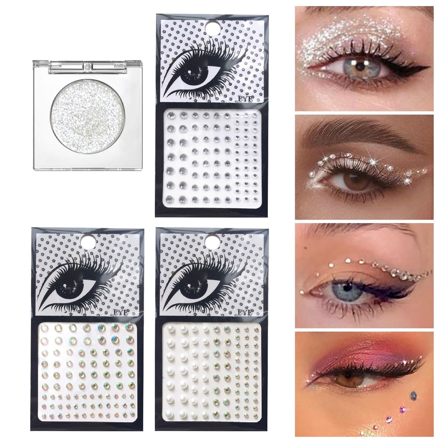 VOTACOS Silver Glitter Eyeshadow &amp; 3Pcs Face Gems Stick on Set, Shimmer Cream Eye Shadow &amp; Hair Jewels Face Rhinestones, Single Eyeshadow Palette &amp; Body Gems Diamonds for Eye Makeup