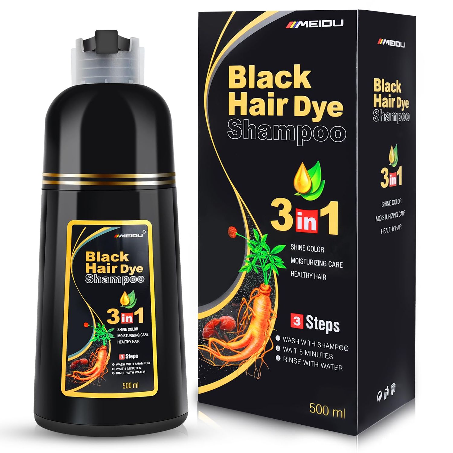 IIIMEIDU Black Hair Dye Shampoo 3 in 1 for Gray Hair, Herbal Ingredients Shampoo Black Hair Dye for Women Men, Grey Coverage Shampoo 500ml