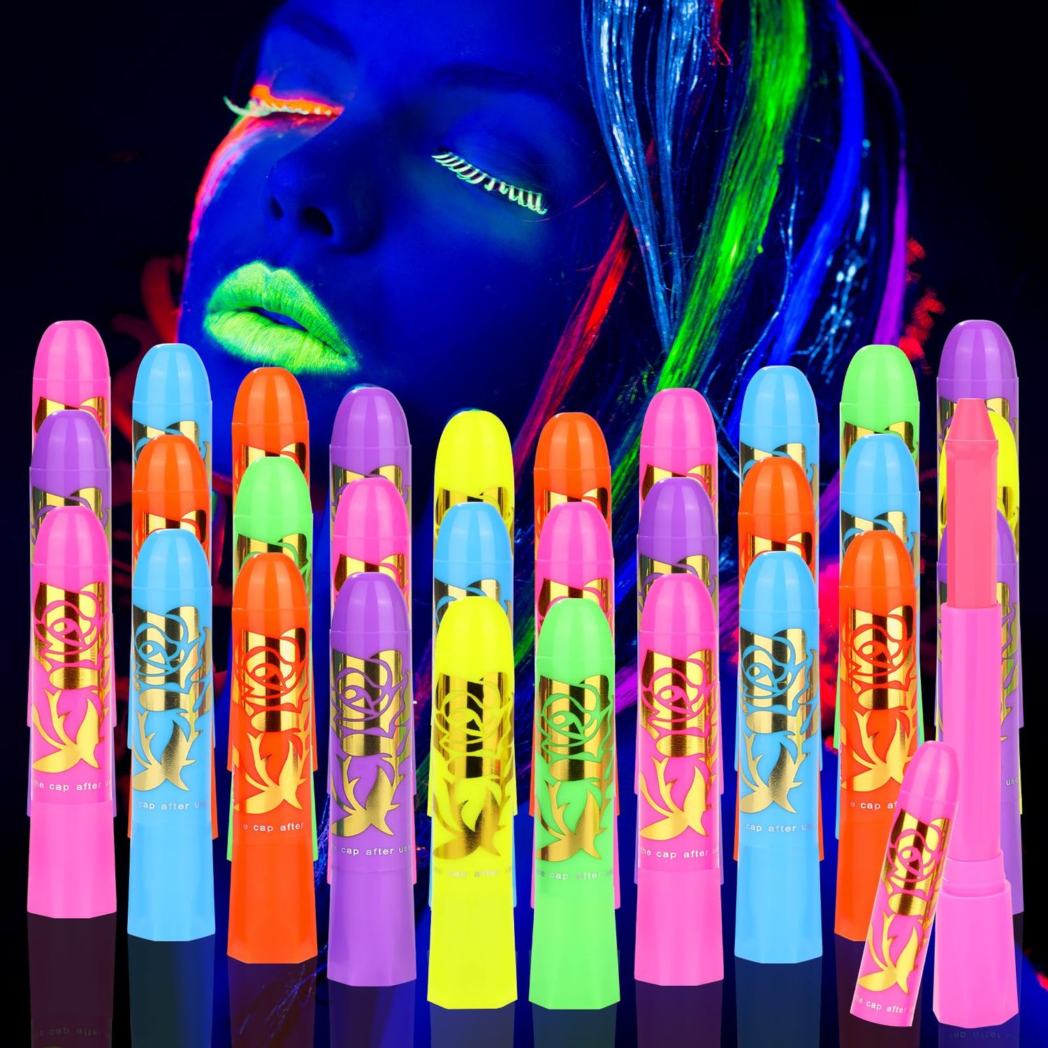 30PCS Glow in the Dark Body &amp; Face Paint Sticks, Makeup Face Paint Kit for Kids and Adults Halloween Club, UV Black Light Birthday Party Masquerade Neon Glow Party Supplies