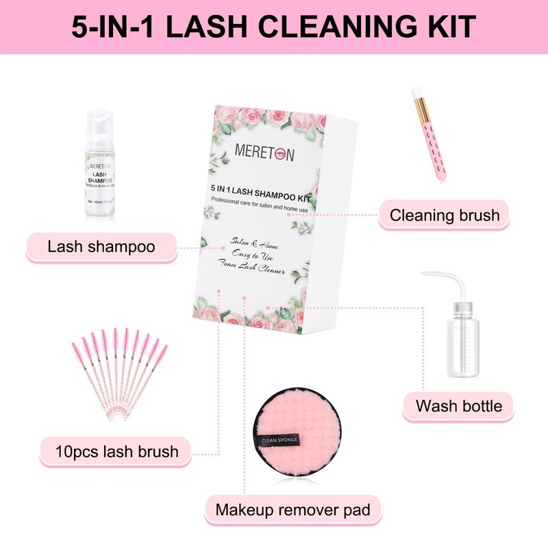 MERETON Lash Shampoo Kit for Lash Extensions, Eyelash Extension Cleanser Lash Cleaner Lash Cleaning Kit for Cluster Lashes Lash Bath with Makeup Pad BrushRinse Bottle, Oil Free Foam
