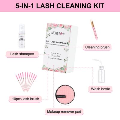 MERETON Lash Shampoo Kit for Lash Extensions, Eyelash Extension Cleanser Lash Cleaner Lash Cleaning Kit for Cluster Lashes Lash Bath with Makeup Pad BrushRinse Bottle, Oil Free Foam