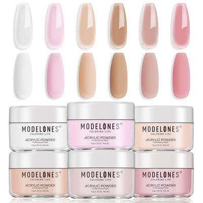 Modelones Acrylic Powder, 6 Colors Transparent Jelly Nude Nail Acrylic Powder Milky White Pink Nude Nail Acrylic Powder for Acrylic Nail Art 3D Nail Carving French Nail Extension, Gifts for Women