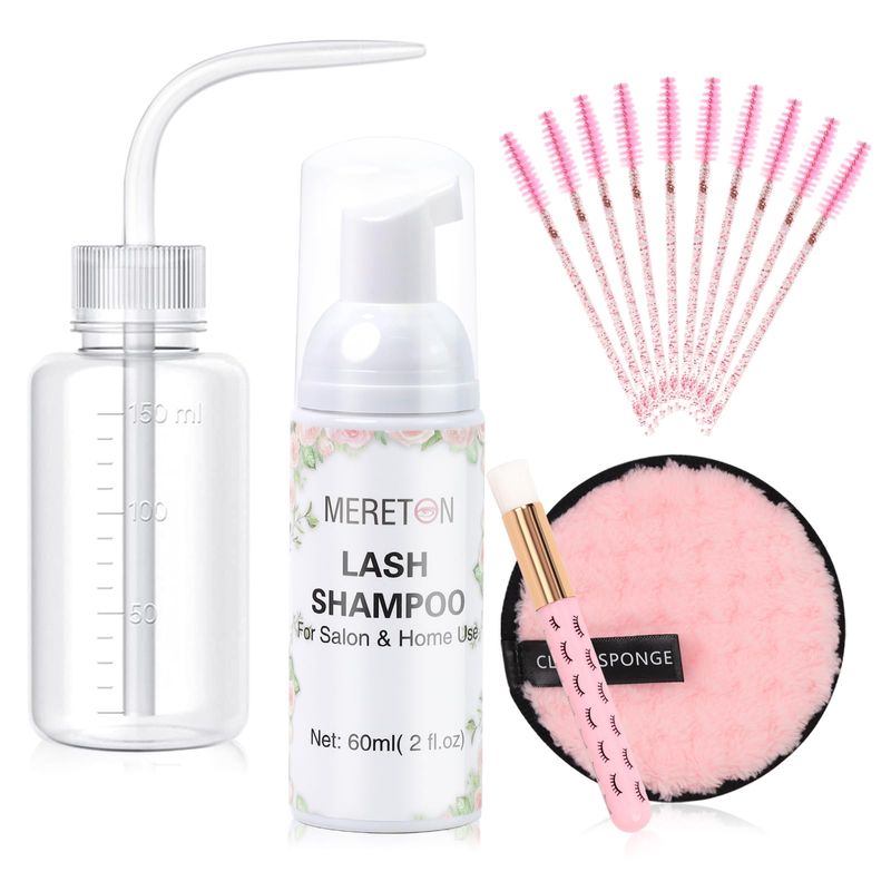 MERETON Lash Shampoo Kit for Lash Extensions, Eyelash Extension Cleanser Lash Cleaner Lash Cleaning Kit for Cluster Lashes Lash Bath with Makeup Pad BrushRinse Bottle, Oil Free Foam