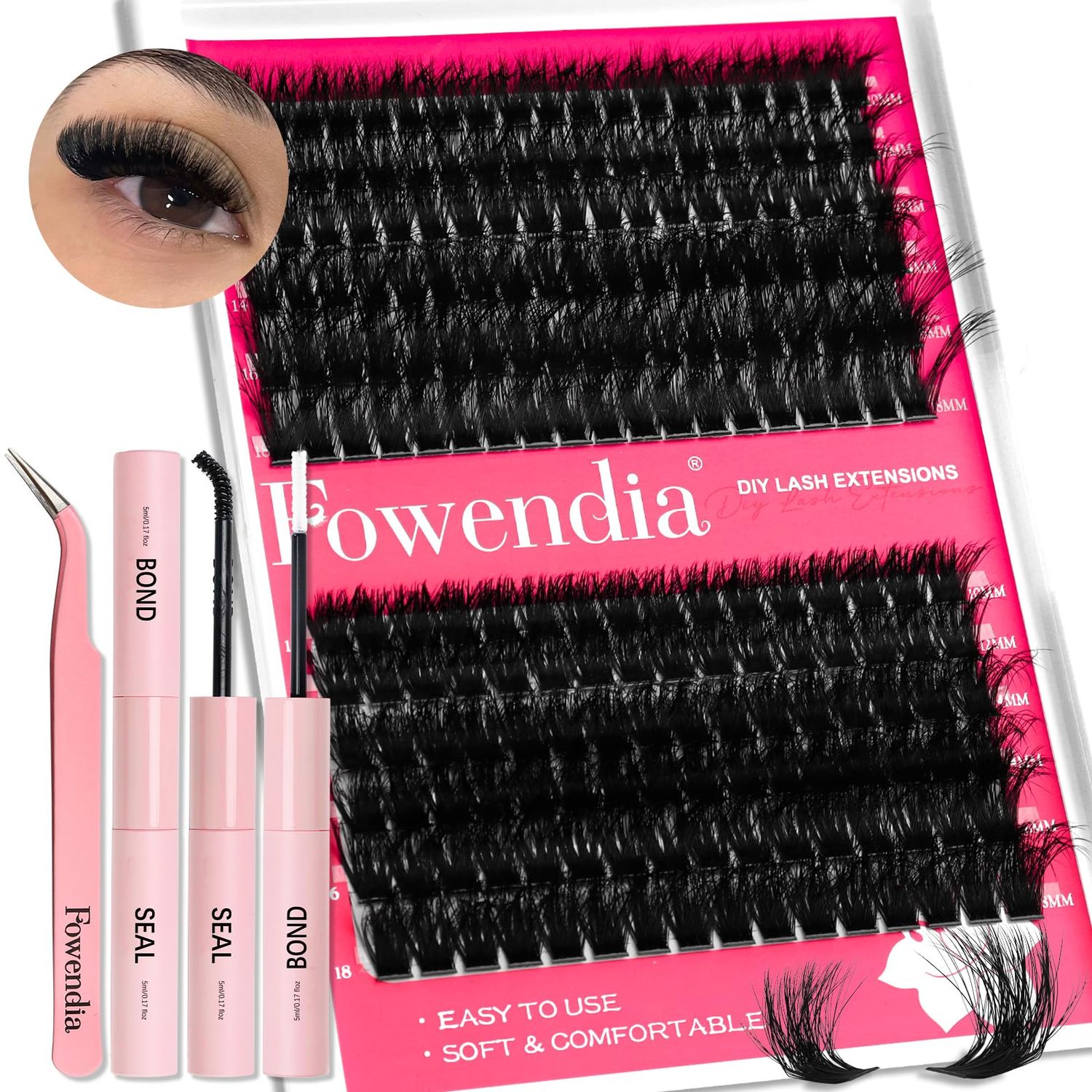 Fowendia Lash Clusters Kit Fluffy 80D 100D Individual Lashes D Curl Cluster Eyelash Extensions 10-18mm DIY Lash Extension Kit Lash Bond and Seal Waterproof, Lash Applicator, Thick False Eyelashes Kit