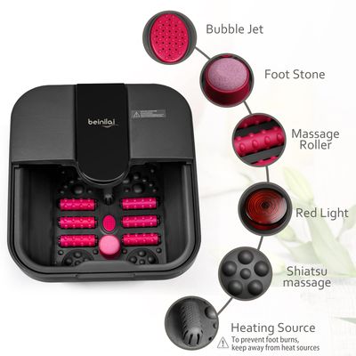 Beinilai Collapsible Foot Spa,Foot Bath with Heat and Massage and Bubble Jets,Foot Soak Tub with Six Non Motorized Foot Rollers,Acupressure Massage Points,Red Light and Removable Pumice Stone